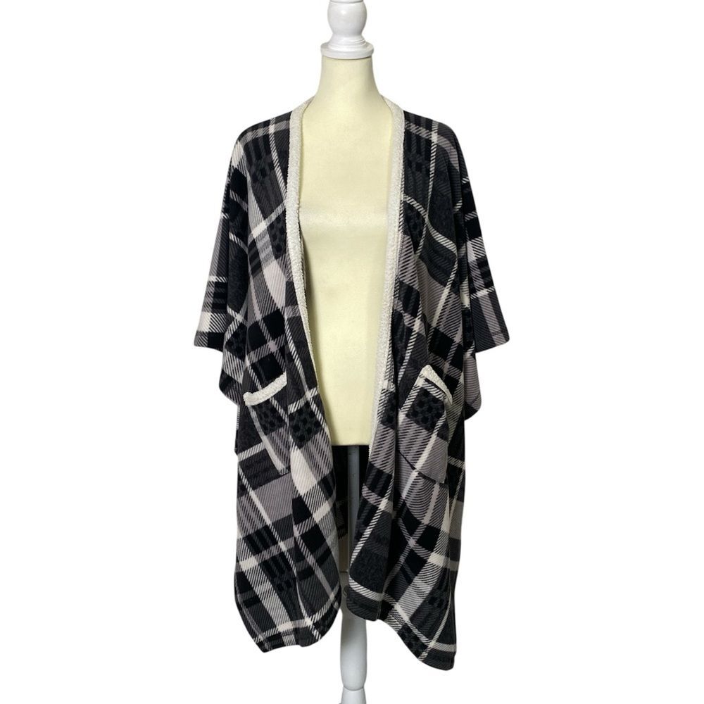 Cuddl Duds Plaid Sherpa Trim Cardigan Wrap S/M Buffalo Check Cozy Lounge Layer